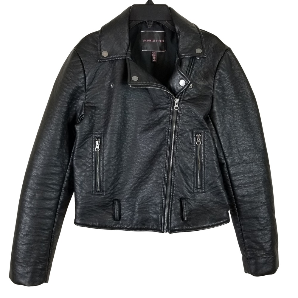Victorias Secret Black Faux Leather Moto‎ Biker Jacket Small Asymmetrical Zip
